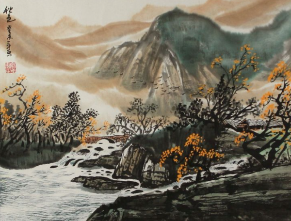 Kanvas Lukisan dengan Pemandangan Lanskap Asia